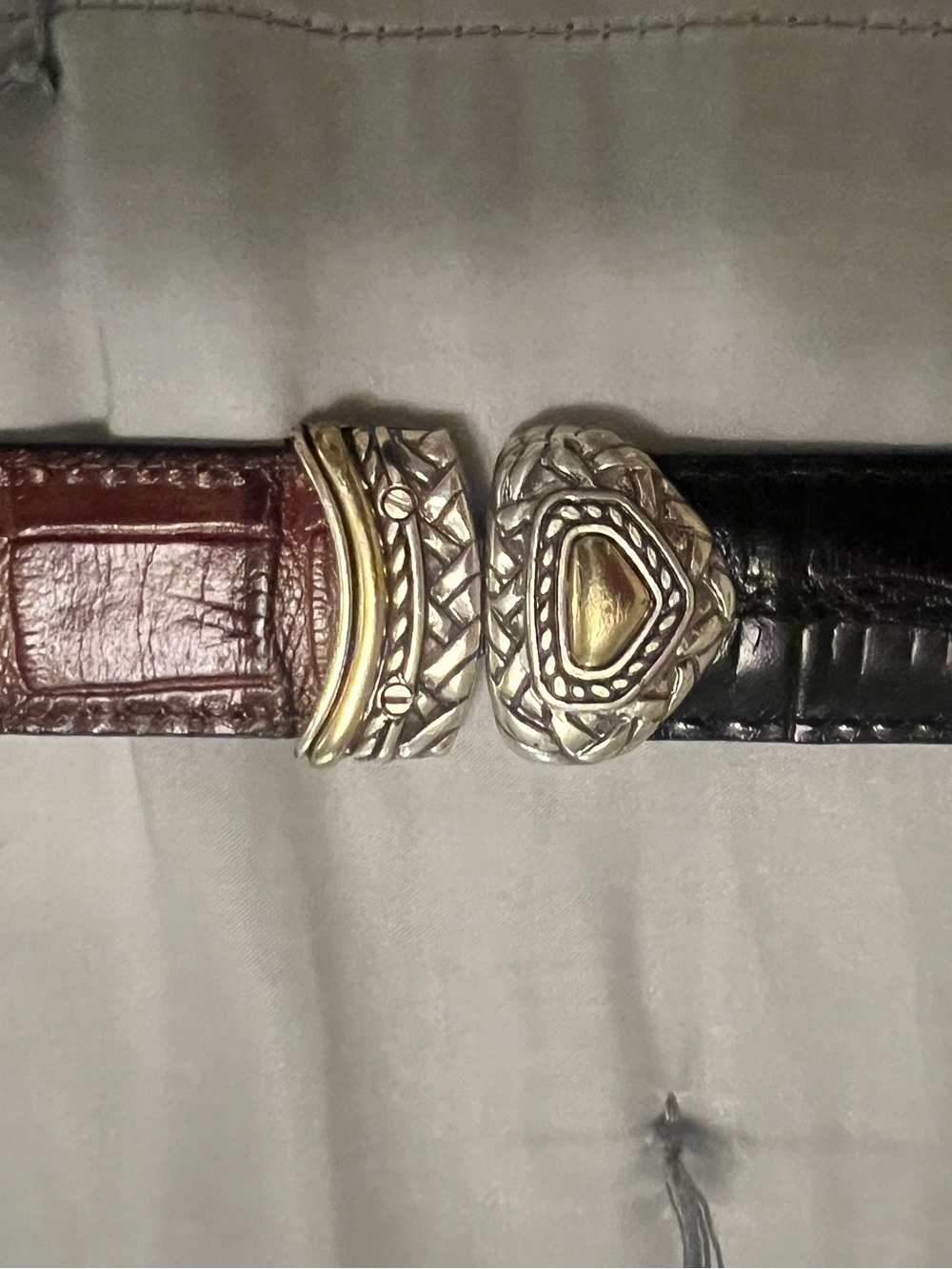Vintage Brighton Two Tone Black/Brown Croc Embossed Belt Silver /Gold Hardware